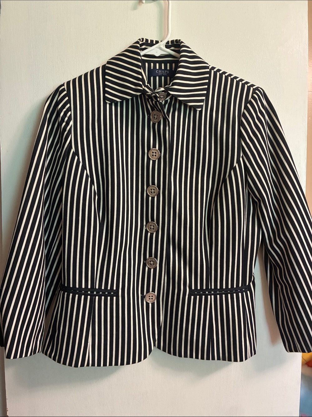 Chaps Black and White Vertical Stripe Button Jacket